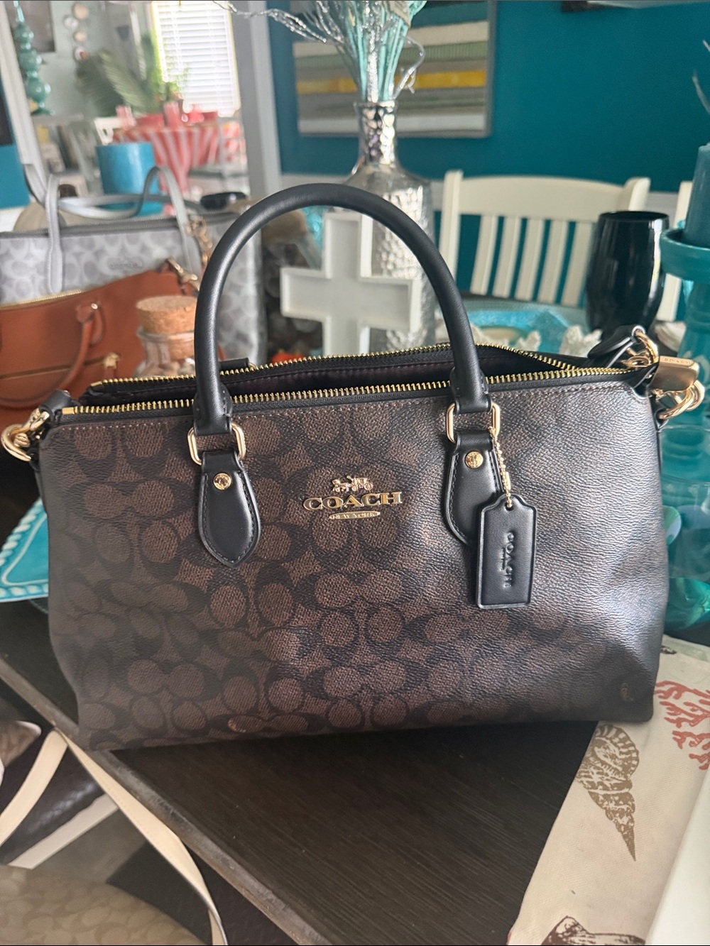 Coach Brown Signature Satchel with Black Trim and Gold Hardware